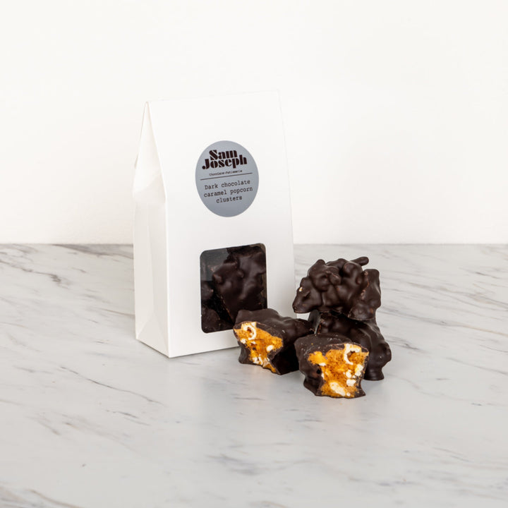 Dark Chocolate Caramel Popcorn Clusters